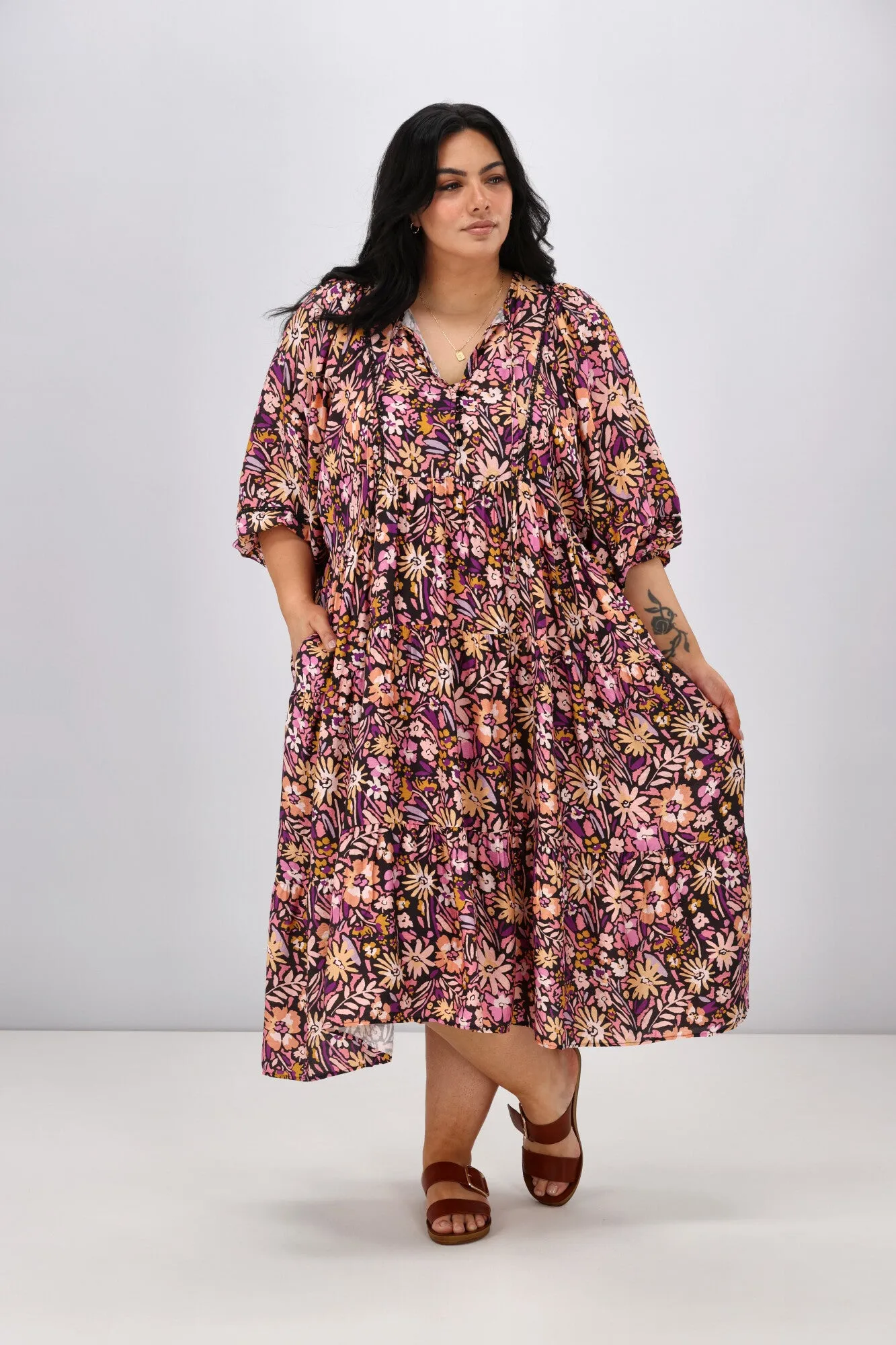 Sunday Boho Penelope Dress Black Pink Floral