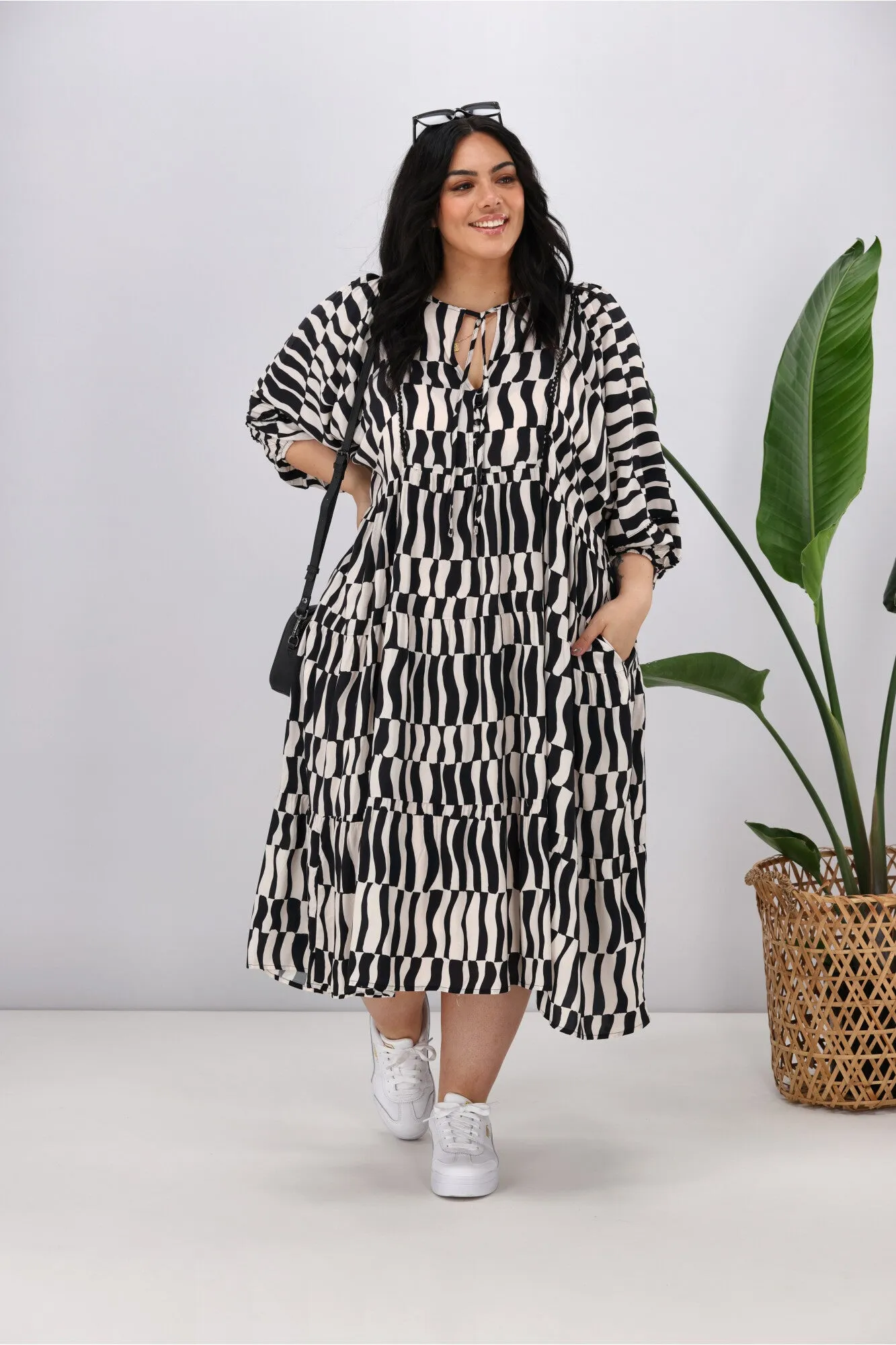 Sunday Boho Shani Dress Geo Print Black Cream