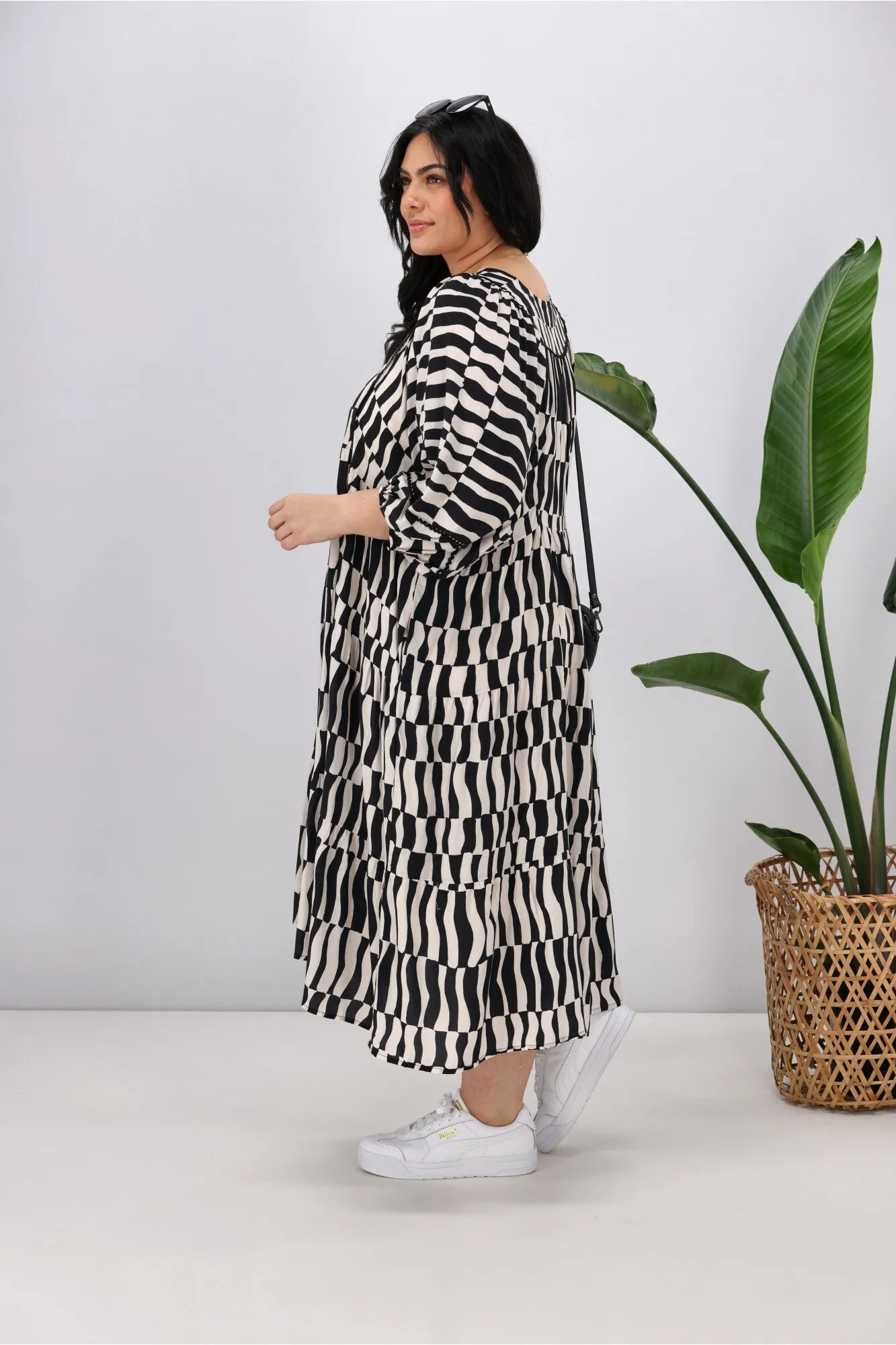Sunday Boho Shani Dress Geo Print Black Cream