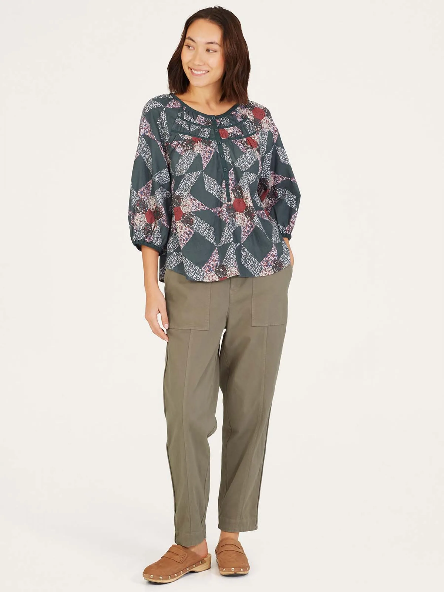 Tarni Hemp Patchwork Blouse - Dark Eucalyptus Green