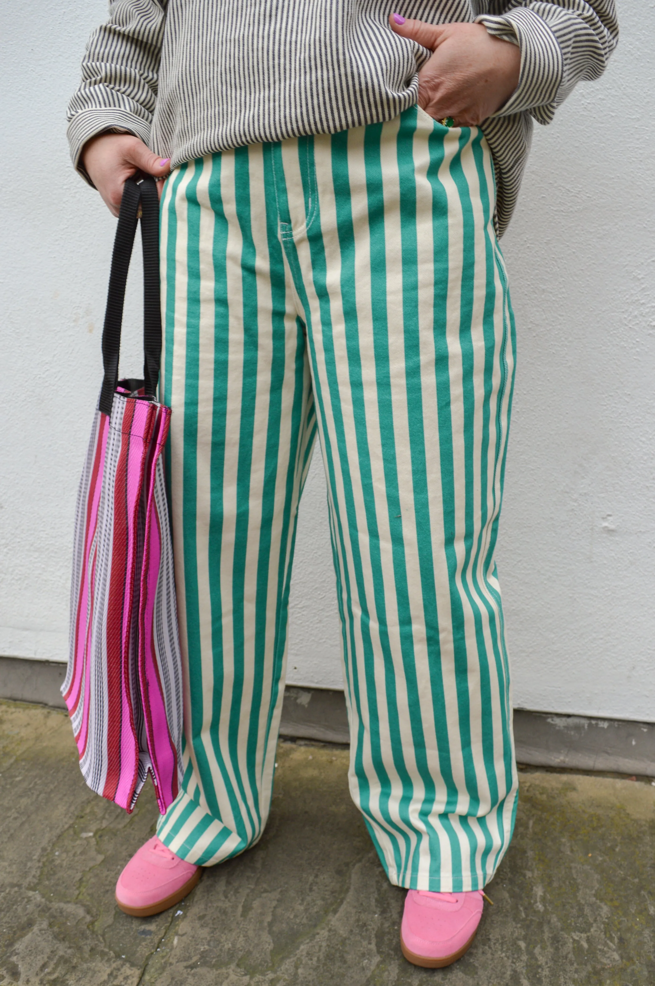 The Tiny Big Sister Berta Off-White and Emerald Jeans