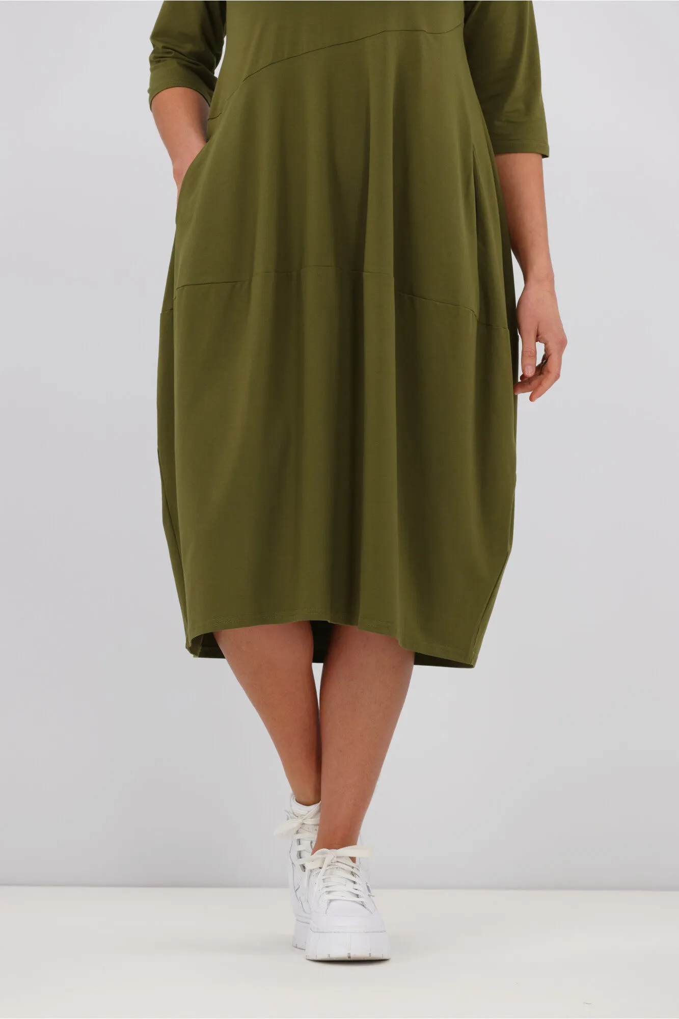 Tirelli V Neck Diagonal Seam Dress Moss