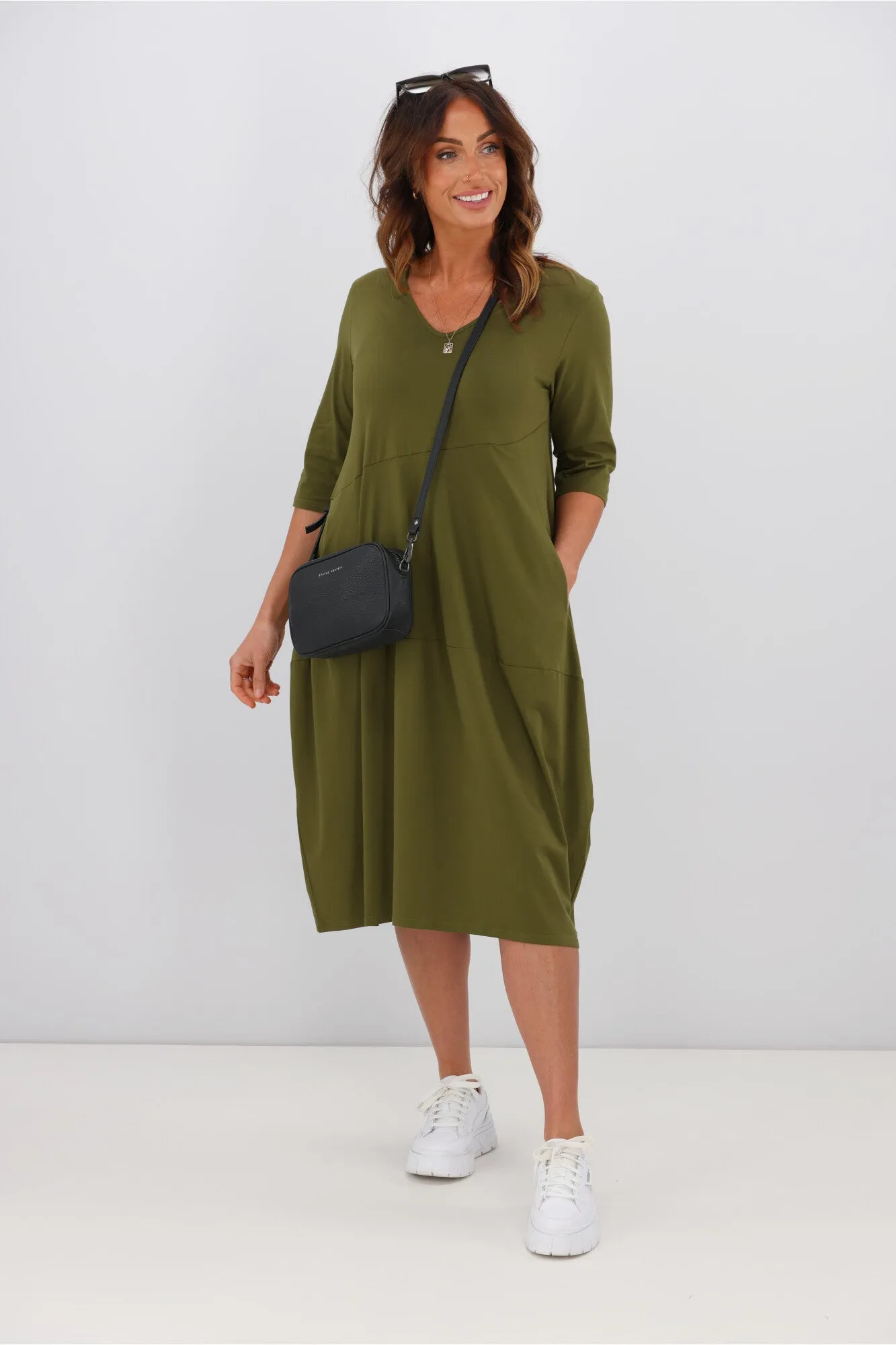 Tirelli V Neck Diagonal Seam Dress Moss