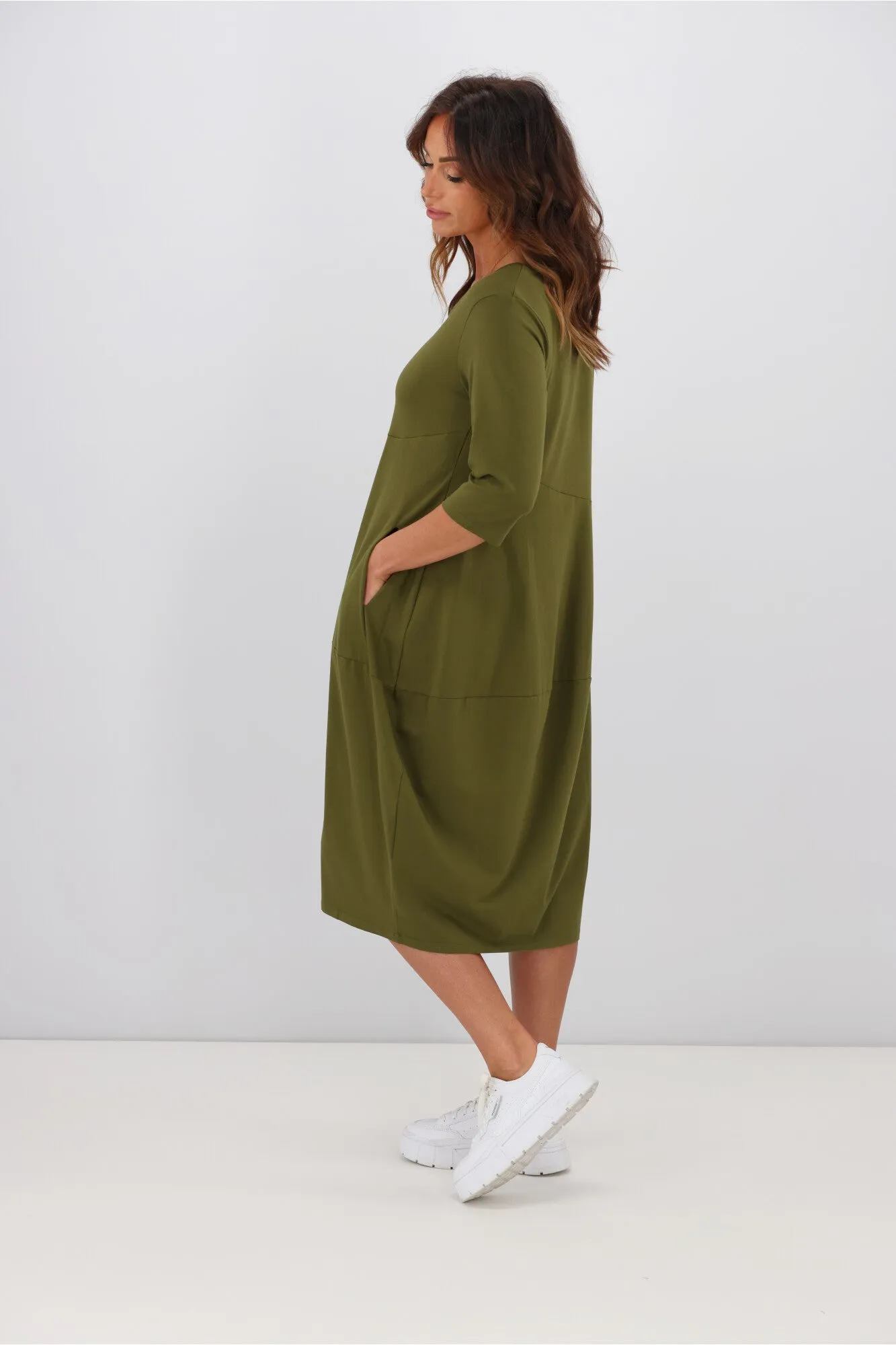 Tirelli V Neck Diagonal Seam Dress Moss