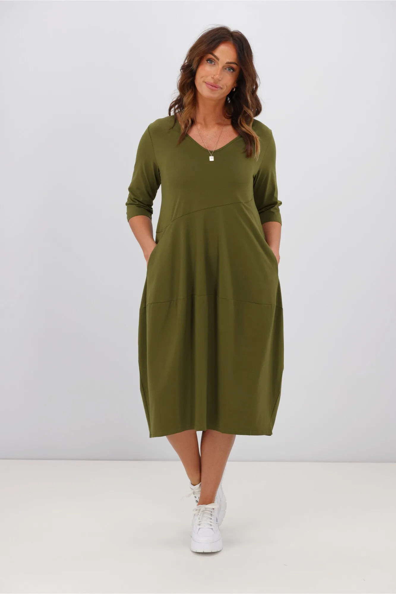 Tirelli V Neck Diagonal Seam Dress Moss