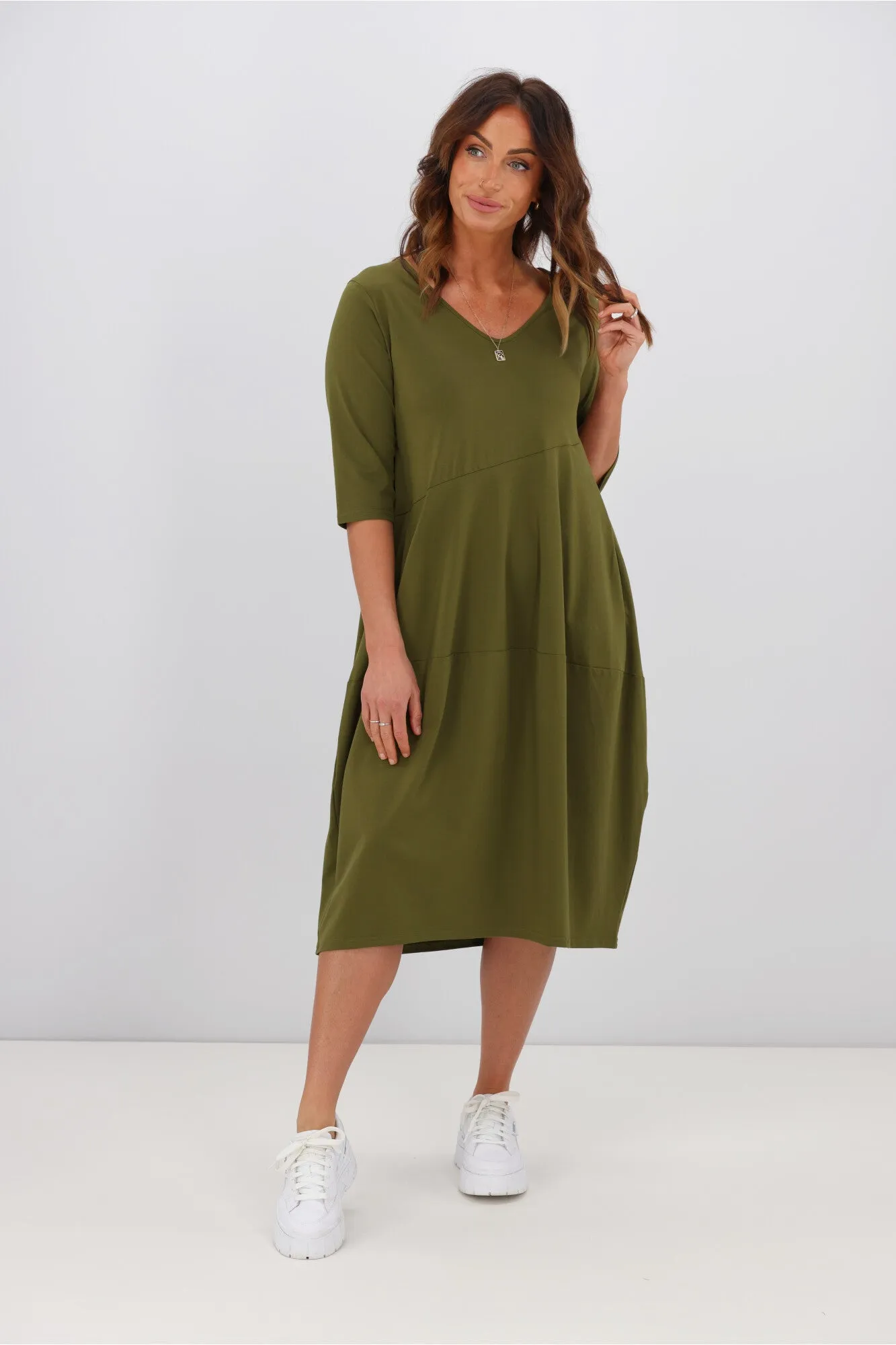 Tirelli V Neck Diagonal Seam Dress Moss