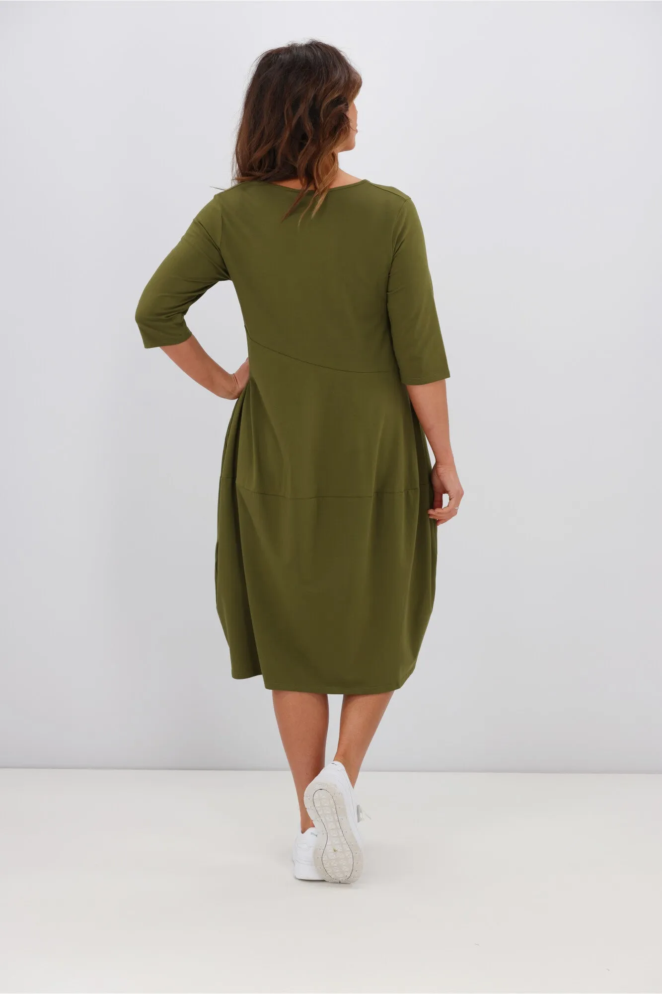 Tirelli V Neck Diagonal Seam Dress Moss