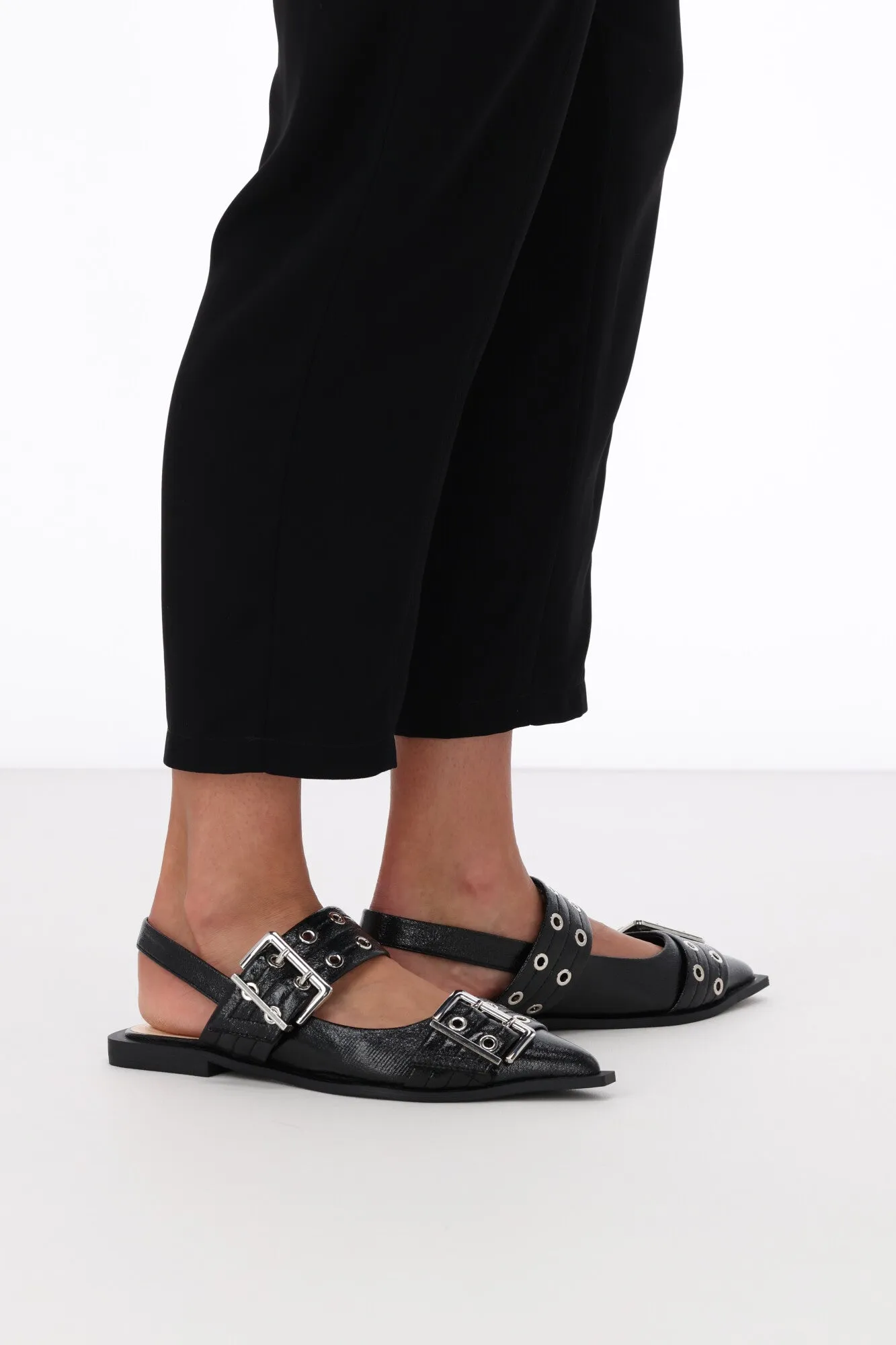 Verali Clea Slingback Buckle Flats Black Crinkle