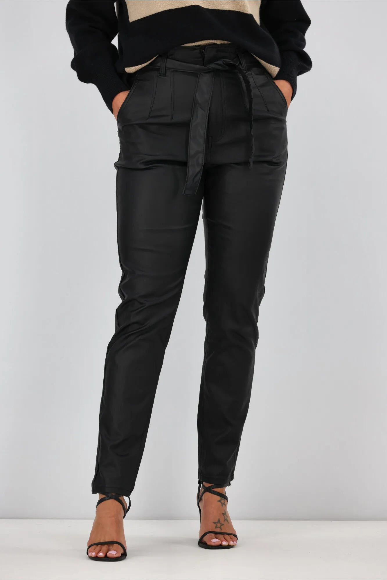 Wakee Alex Tie Front Wet Look Pant Black
