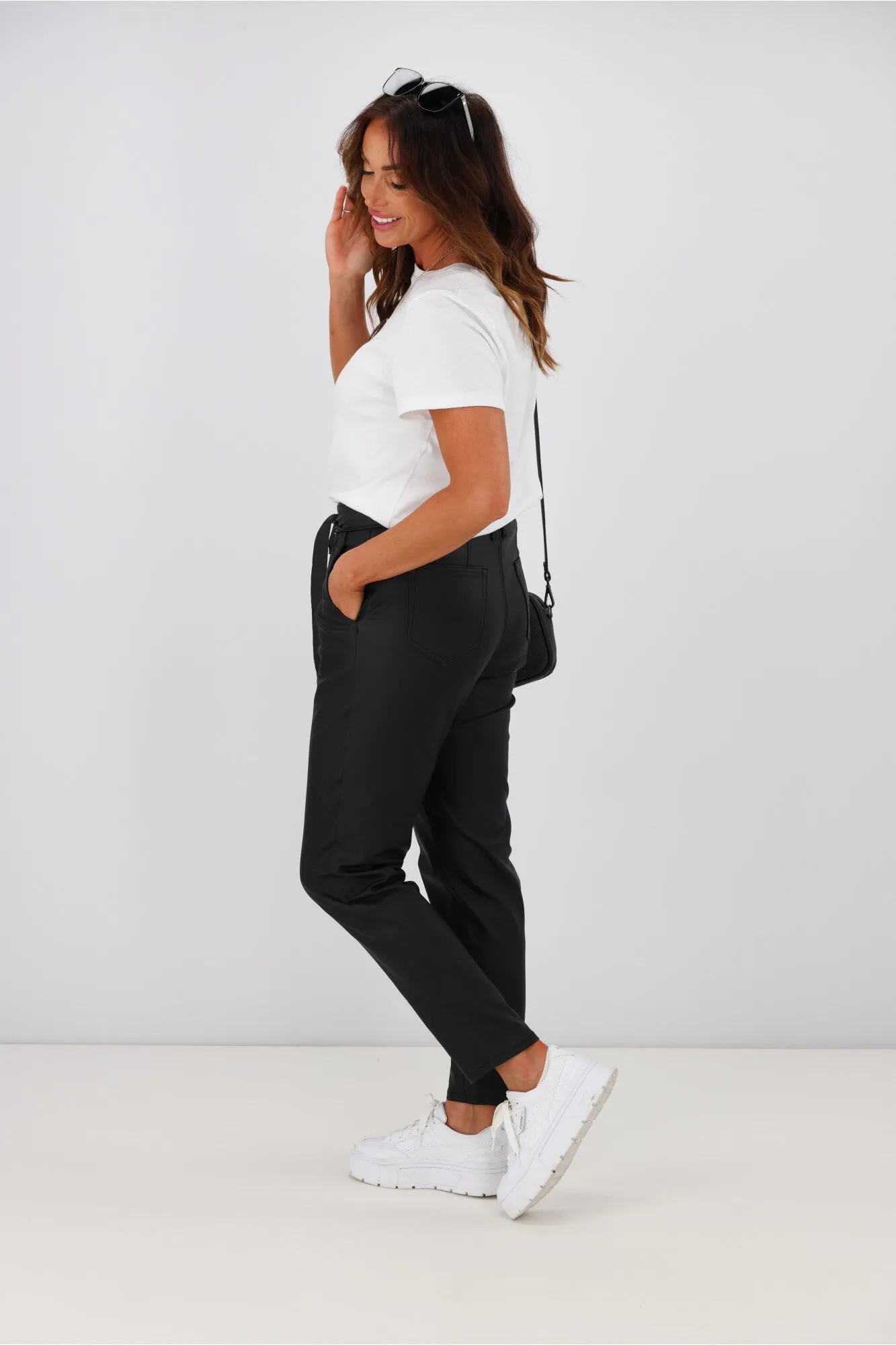 Wakee Alex Tie Front Wet Look Pant Black