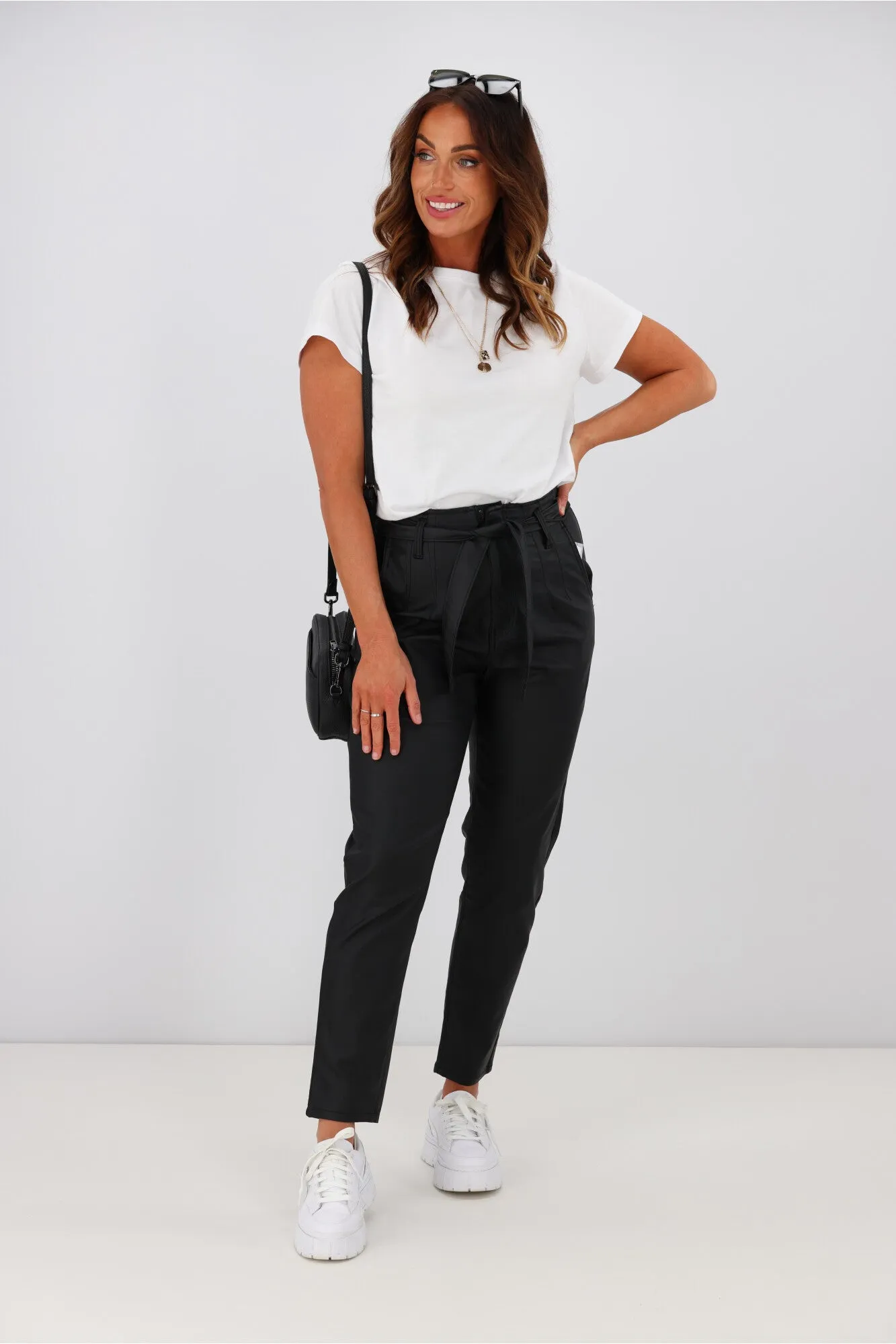 Wakee Alex Tie Front Wet Look Pant Black