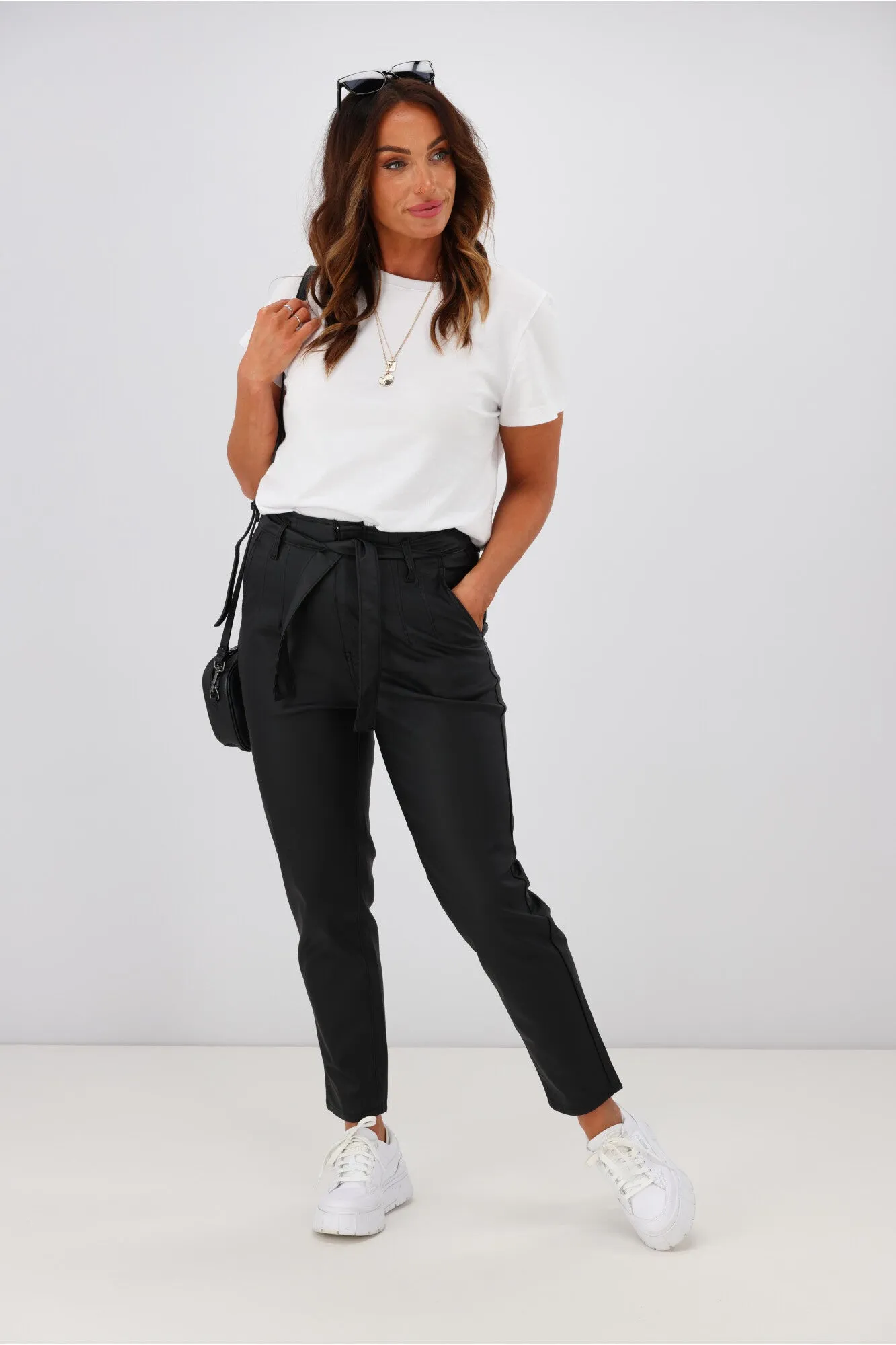 Wakee Alex Tie Front Wet Look Pant Black