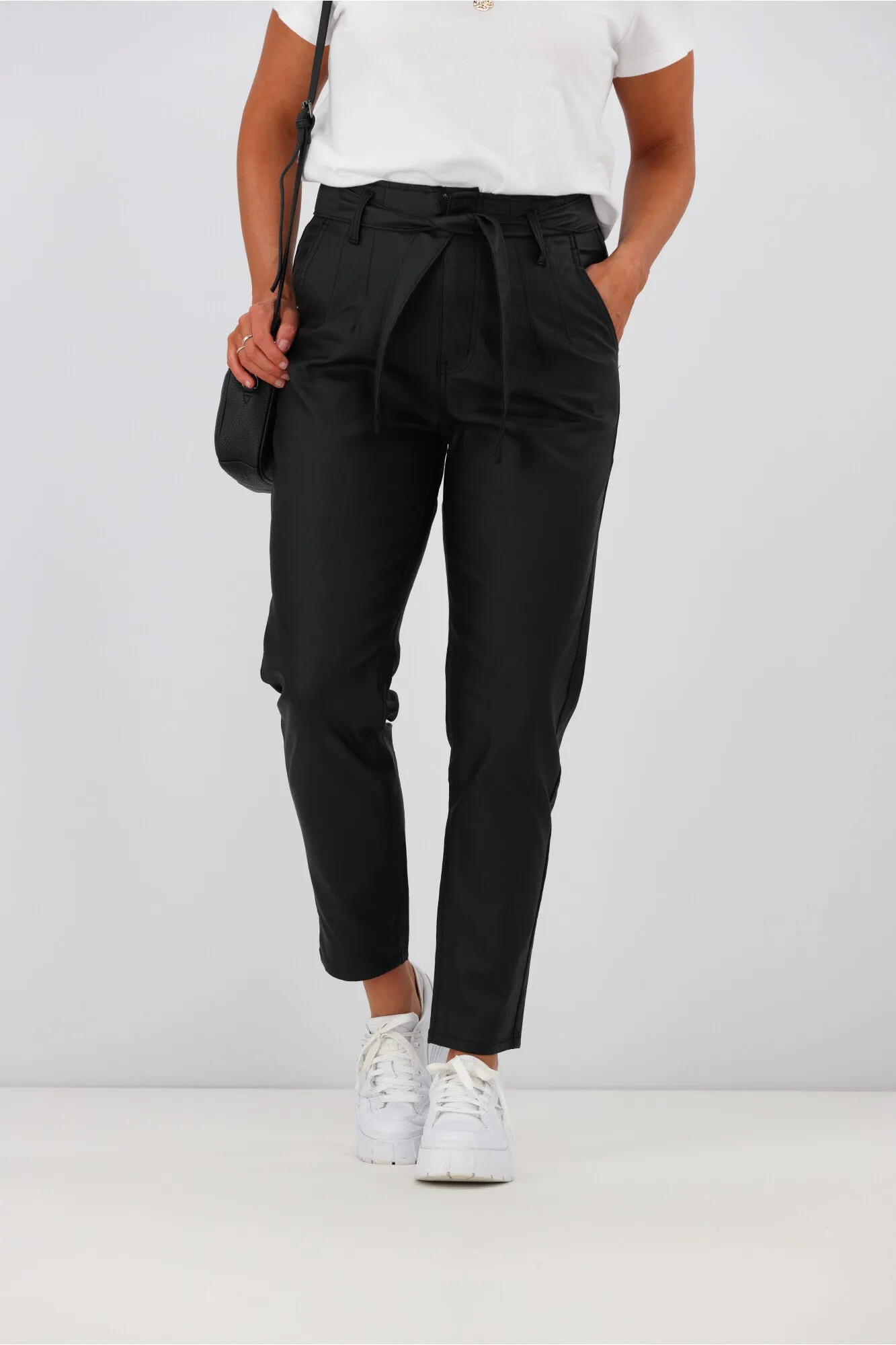 Wakee Alex Tie Front Wet Look Pant Black