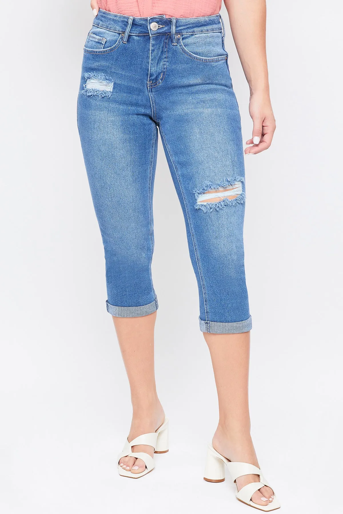 Women's Vintage High Rise Rolled Cuff Capri Jean-Distressed