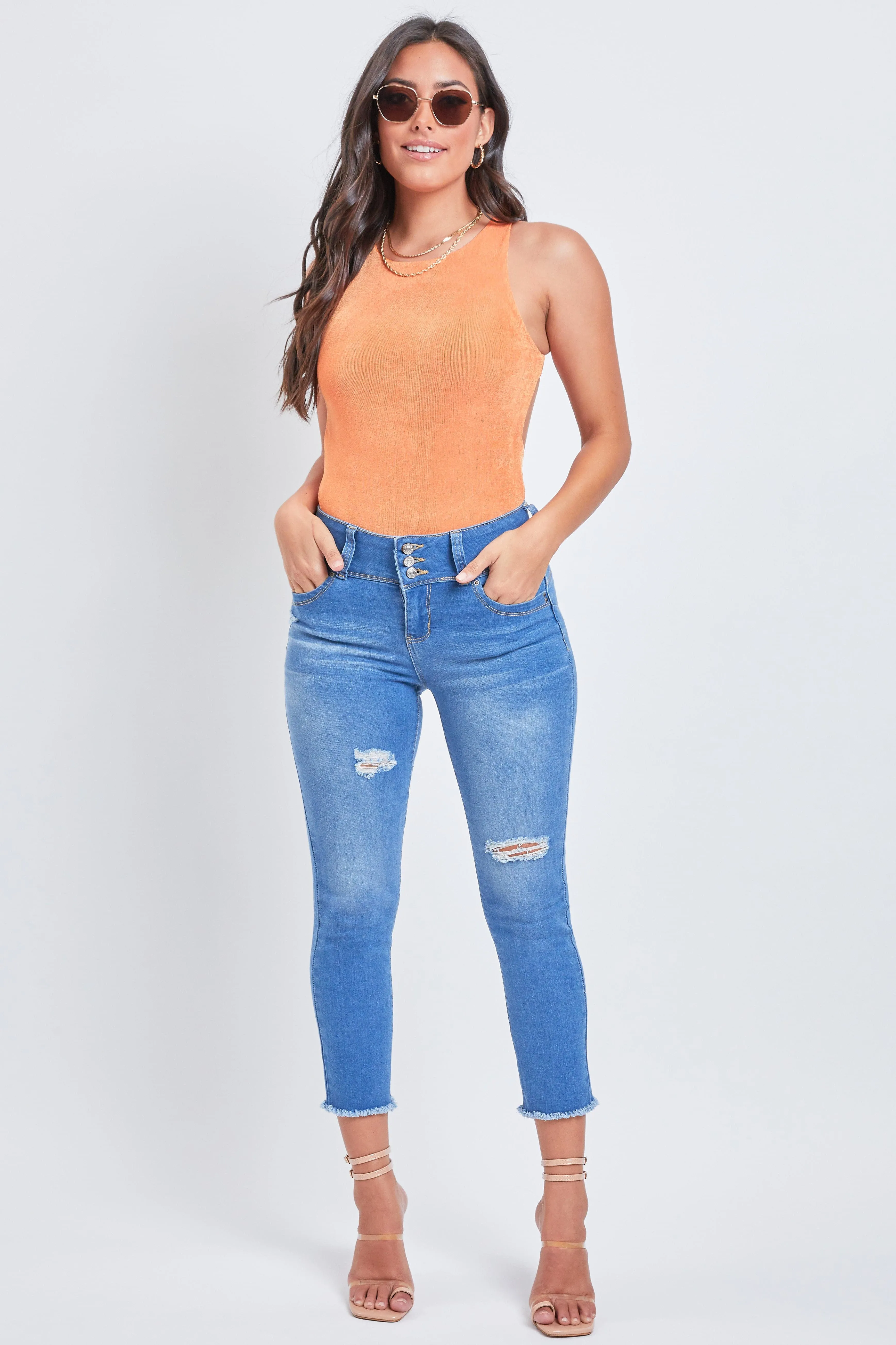 Women's WannaBettaButt 3-Button Fray Hem Flood