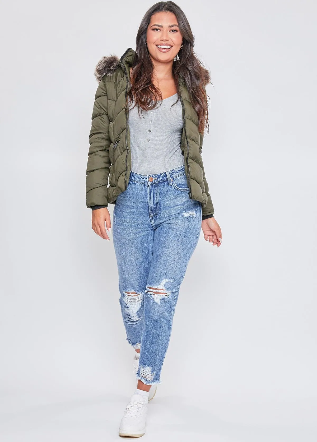 Women's Winter Puffer Jacket With Faux Fur Hoodie